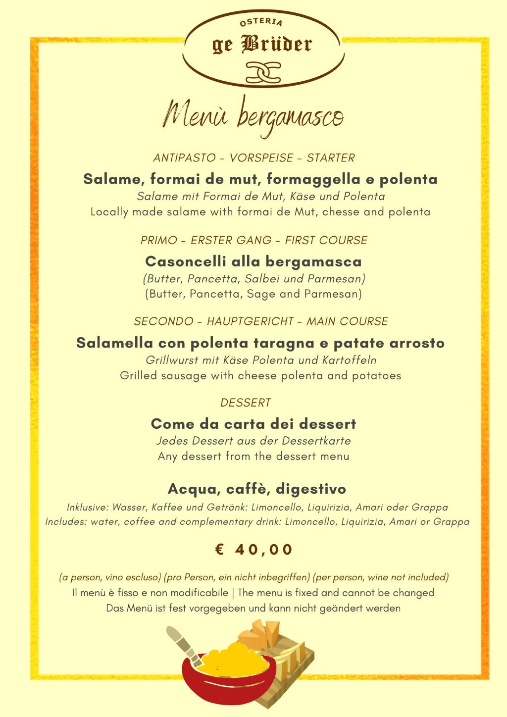Osteria dei Bruder . Degustazione menju bergamasco