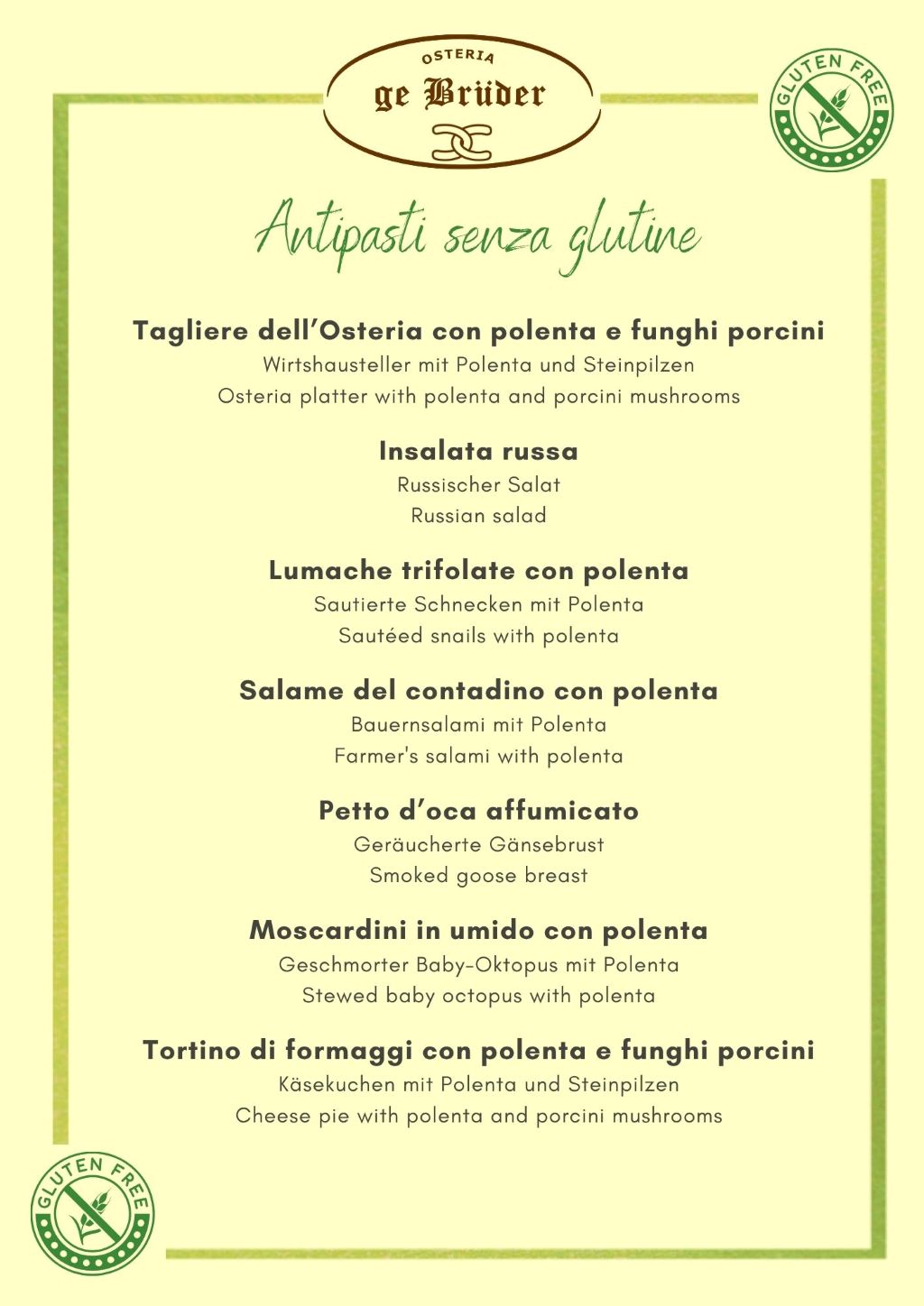 Osteria dei Bruder - menu antipasti senza glutine del ristorante