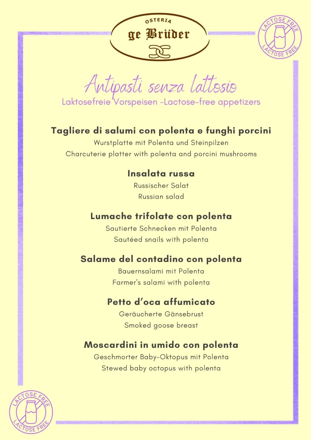 Osteria dei Bruder - menu antipasti senza lattosio del ristorante