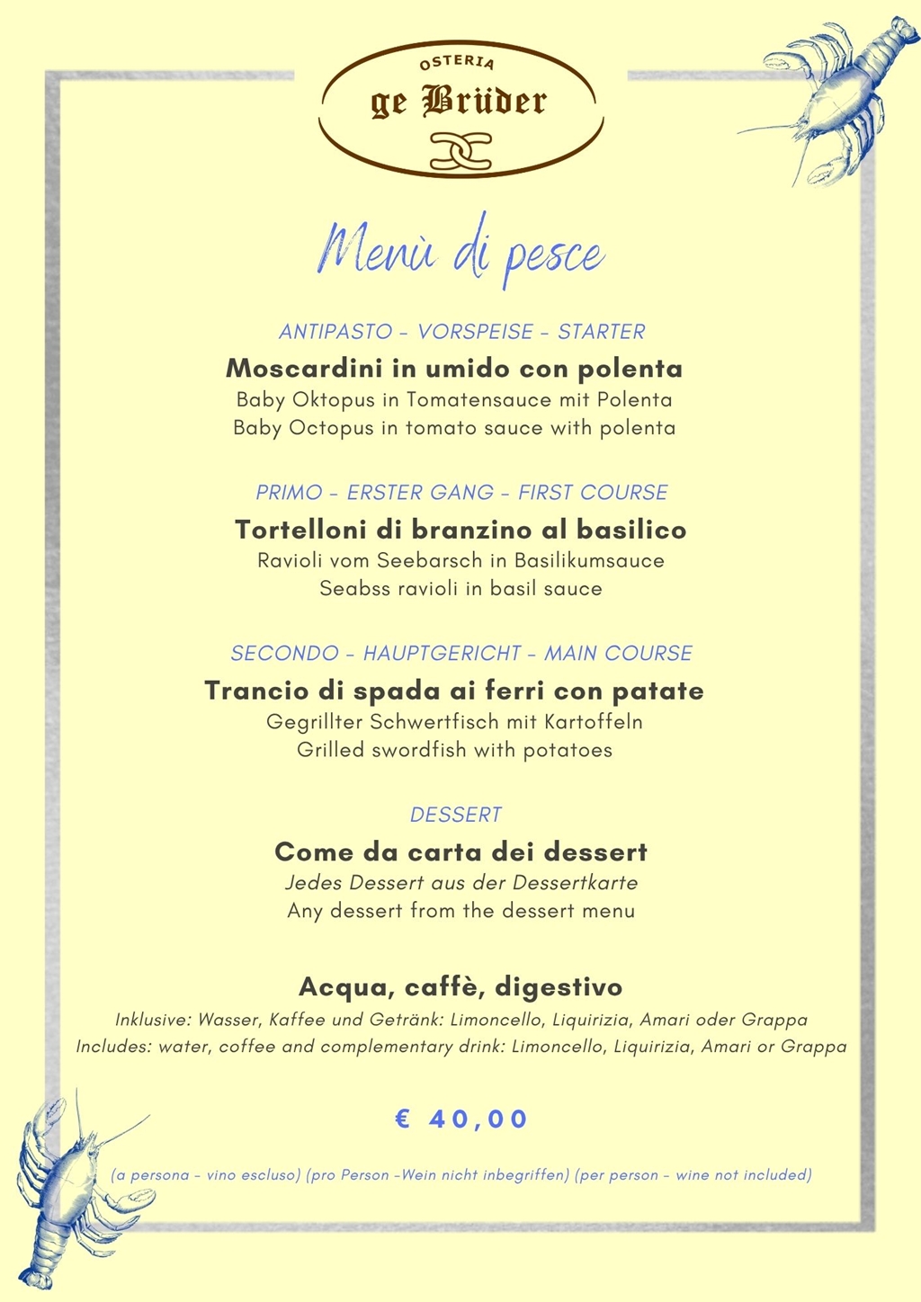 Osteria dei Bruder - menu degustazione di pesce del ristorante