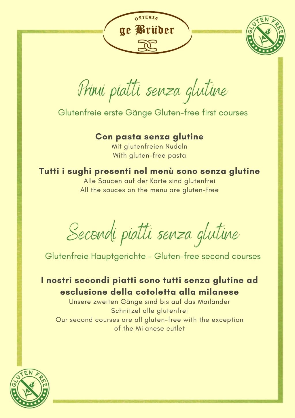 Osteria dei Bruder - menu primi e secondi senza glutine del ristorante