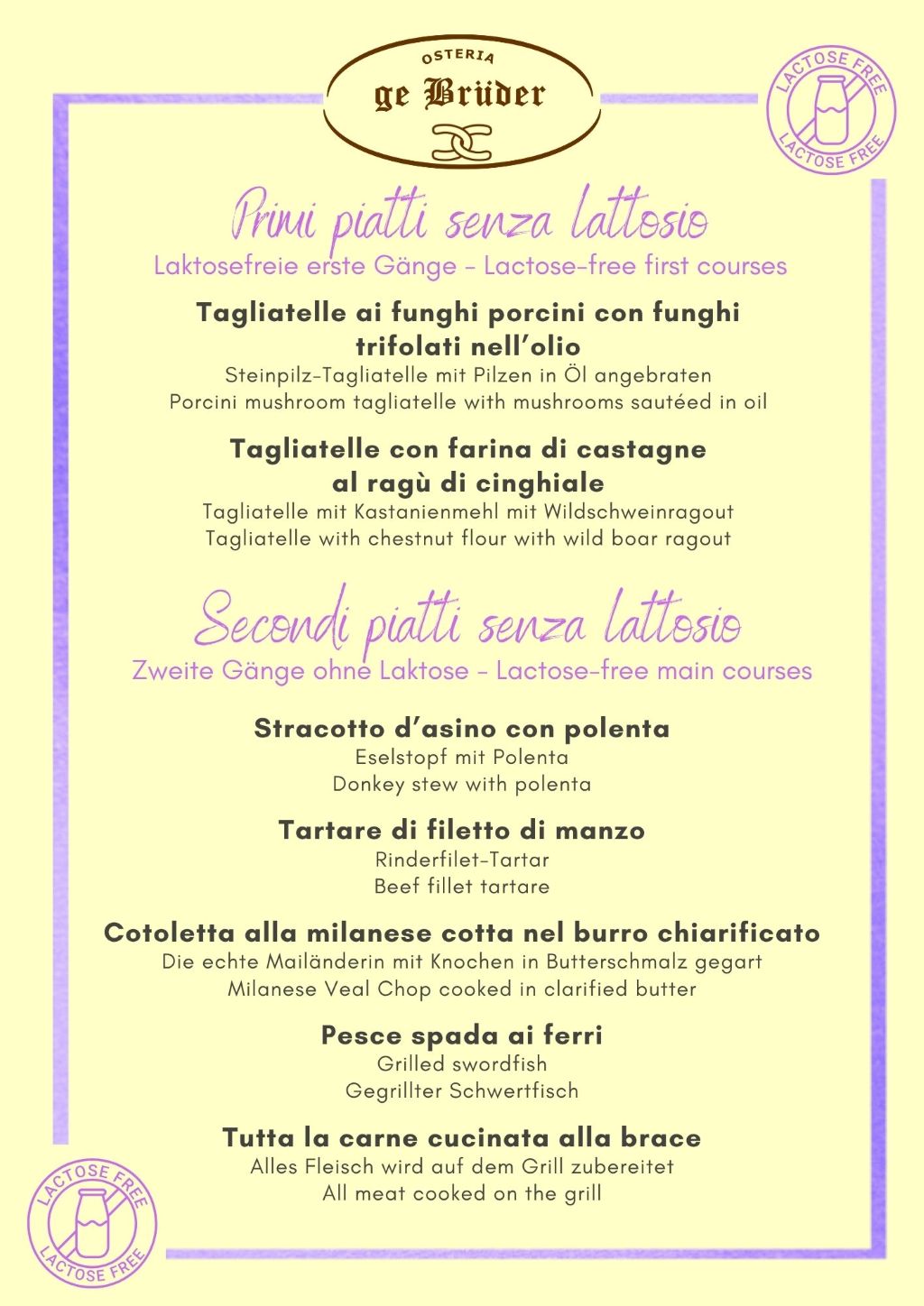 Osteria dei Bruder - menu primi e secondi senza lattosio del ristorante