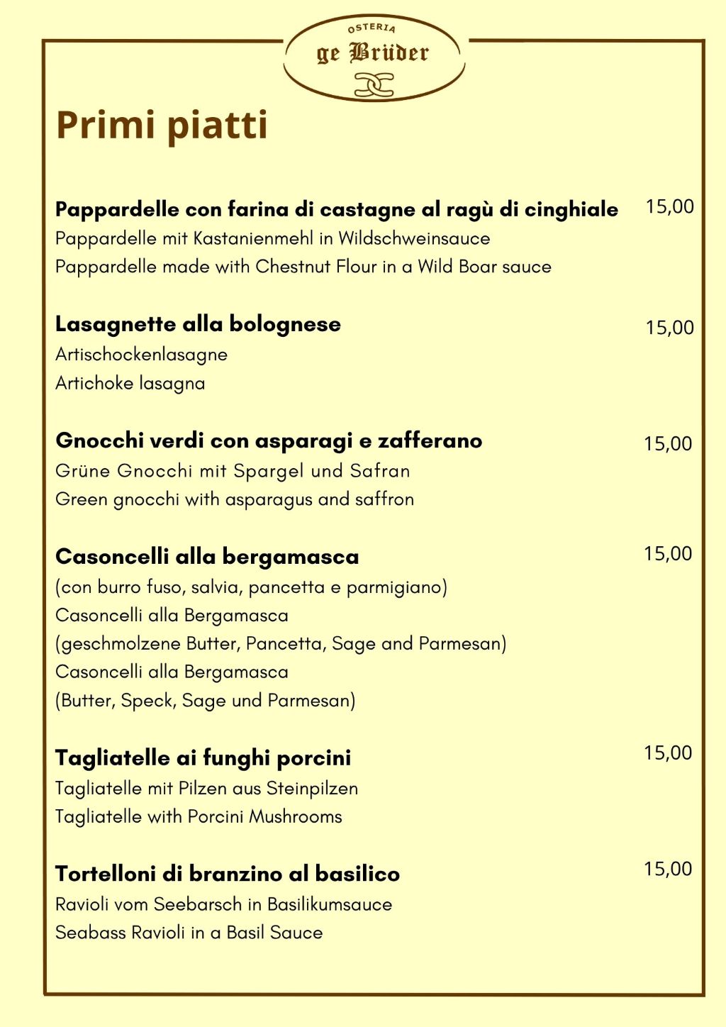 Osteria dei Bruder - Primipiatti menu alla carta