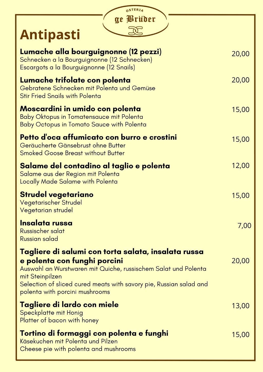 Osteria dei Bruder - Antipasti menu alla carta