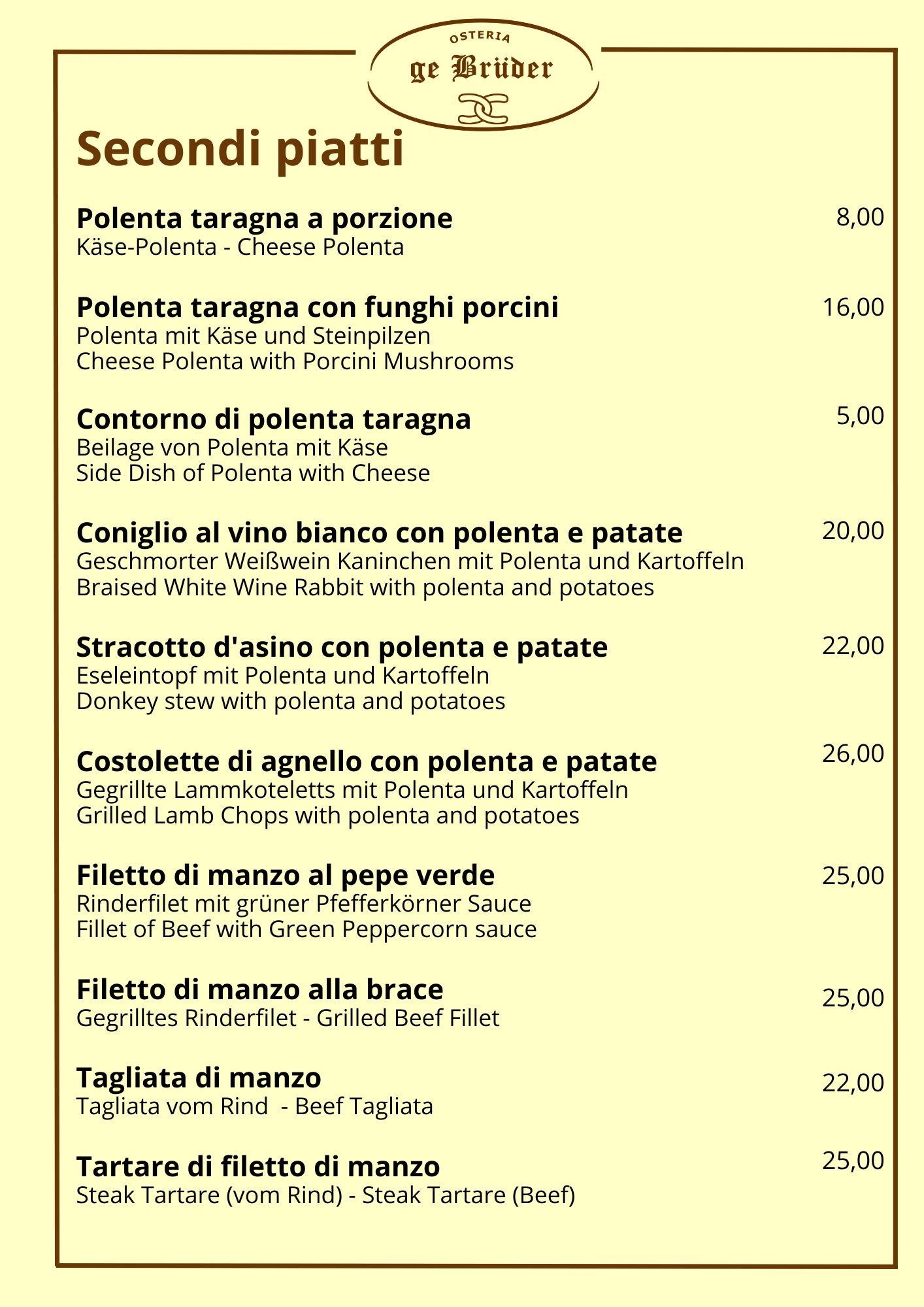 Osteria dei Bruder -Secondi menù alla carta
