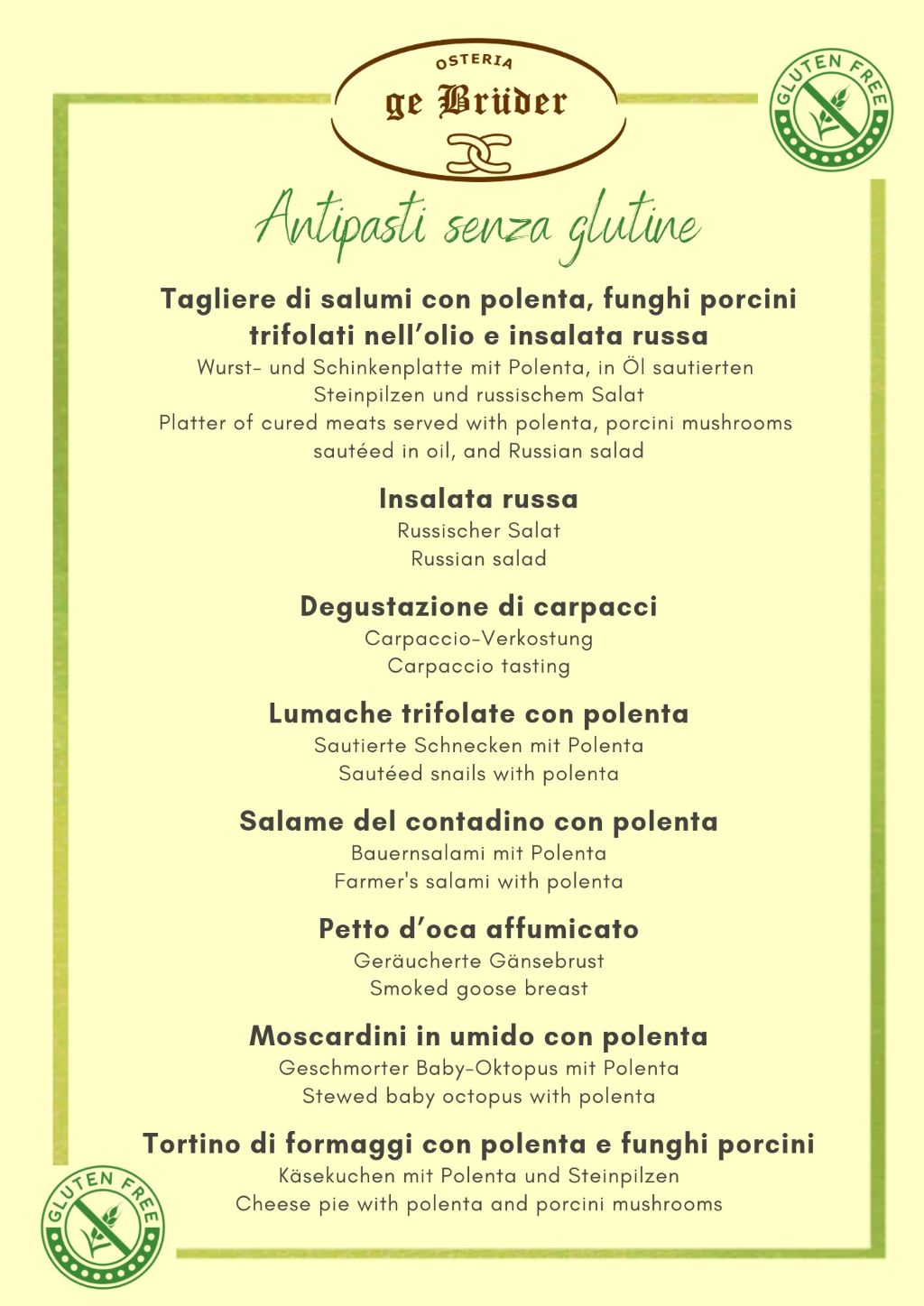 Osteria dei Bruder - Menù antipasti senza glutine