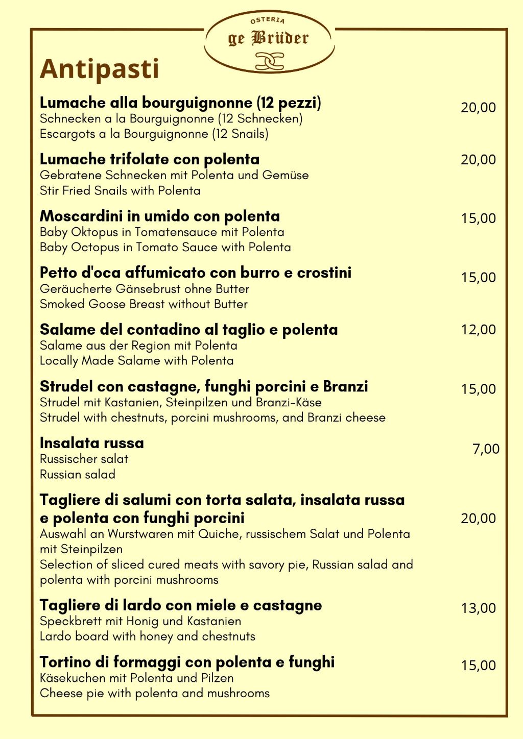 Osteria dei Bruder - Menù Antipasti