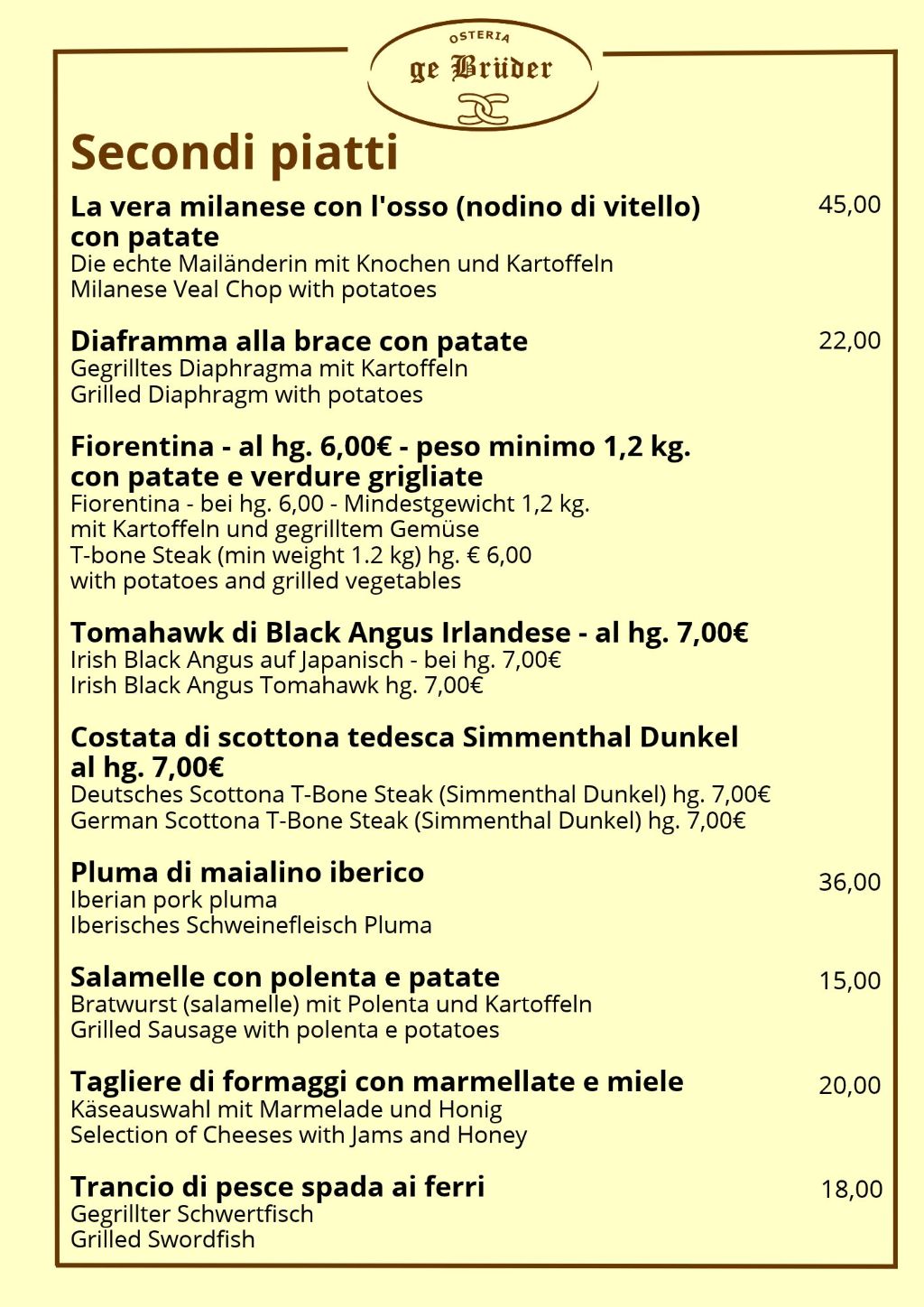 Osteria dei Bruder - Menù secondi piatti